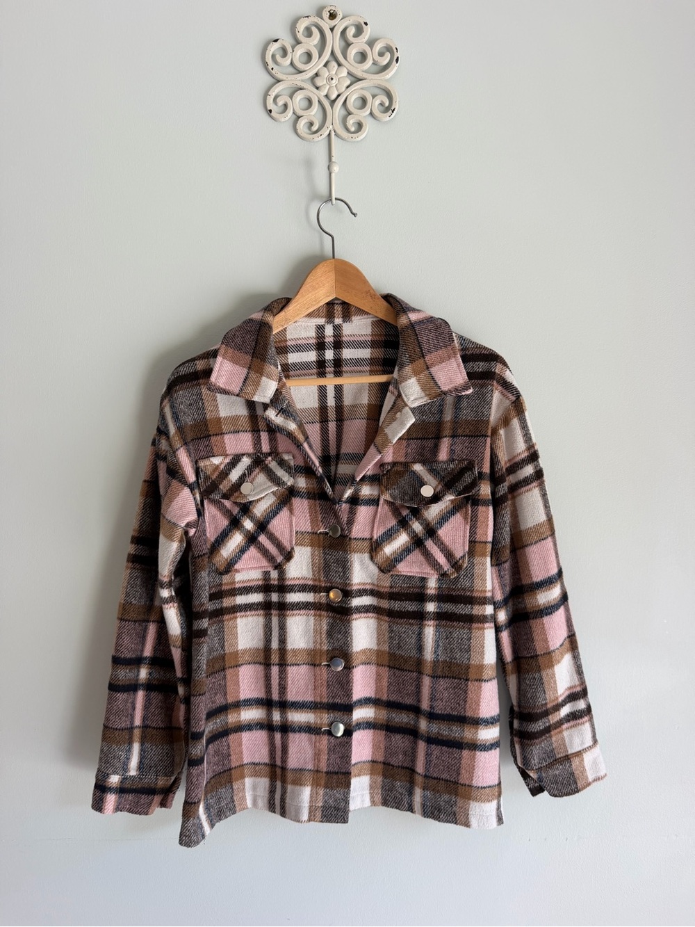 Plaid Button-Front Shacket Jacket in Pink and Brown